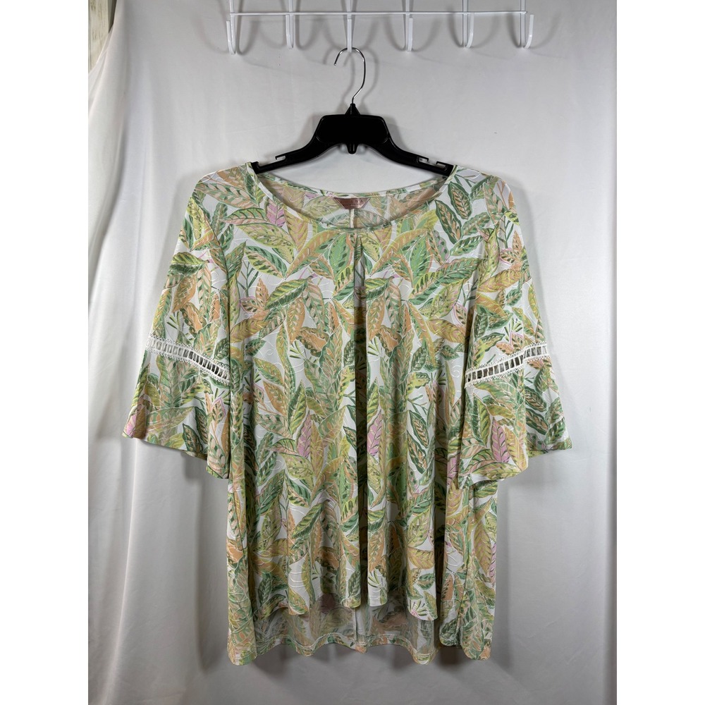 Amana Womens Tropical Leaf Embroidered Bell Sleeve Top Green Peach Boho XL